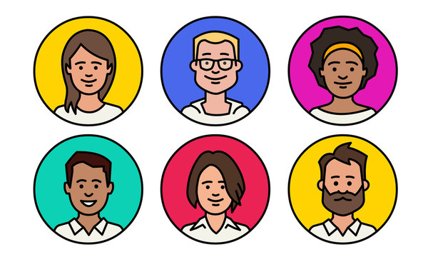Set of diverse user avatars. Vector line icons.