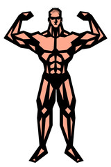 ハゲ,筋肉,ボディビル,マッチョ,ポーズ,全身,パンツ,ビキニ,白背景,版画,切り絵,喜怒哀楽,表情