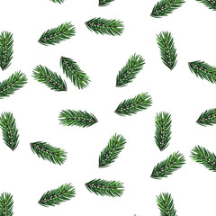 Simple seamless pattern. Green pine branches and leaves on white background. Vectorized watercolor drawing. Pine leaves seamless banner.