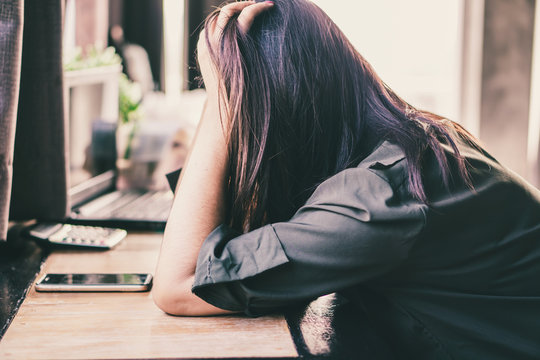 Unemployed Asian Woman Waiting Phone Call From HR Feeling Scare And Worry About Job