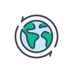 Earth rotation color line icon. Planet with rotation arrows vector outline colorful sign.
