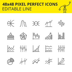 Simple set of icons for line graphs, pie charts, bar charts and scatter plot. Can be widely used for representing data in many areas such as statistics, data science, math, economics, business. Vector