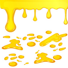 Set of orange honey drops and yellow splashes healthy syrup golden food liquid drip vector illustration. Liquid honey dripping from the top