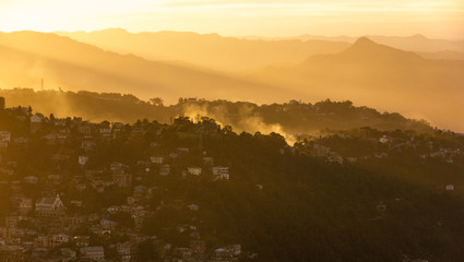 Evening sunrays hitting the hills above the city of Aizawl in Mizoram