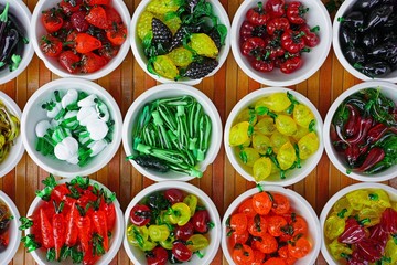 Little bowls filled with miniature fruit and vegetable figurines made out of blown glass in Venice