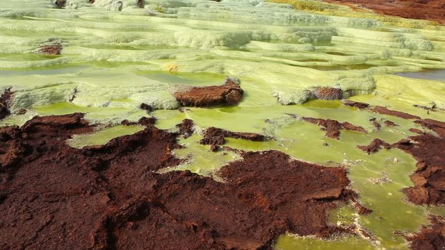 Dallol Sulphur springs and pools Danakil Depression Ethiopia.   The Sulphur springs create the unearthly colourful and beautiful landscape