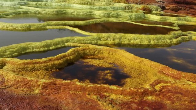 Dallol Sulphur springs and pools Danakil Depression Ethiopia.   The Sulphur springs create the unearthly colourful and beautiful landscape