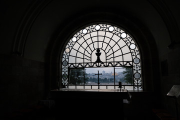 View from the window of the Roman Catholic church Dominus Flevit. Mount of Olives, Jerusalem. Israel