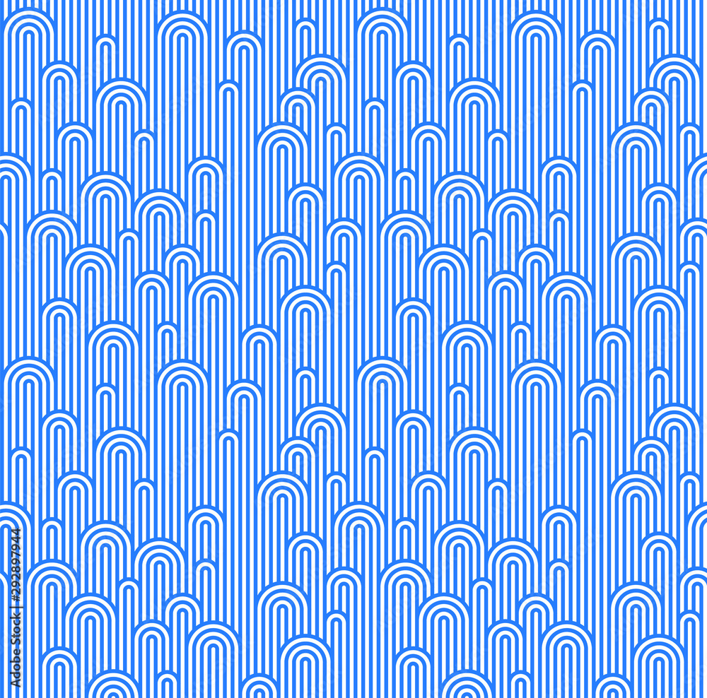 Poster Seamless Pattern with Blue and White Waves and Stripes. Abstract Background with Waves of Water. Vector Linear Ornament.