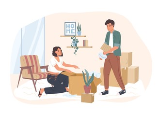 Young couple moving to a new house or apartment. Man and woman packing their stuff in cardboard boxes. Family preparing for relocation to another dwelling. Vector illustration in flat cartoon style.