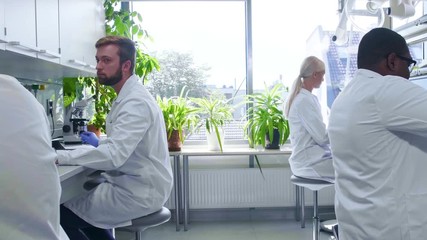 Scientist working in lab. Doctors making medical research. Laboratory tools: microscope, test tubes, equipment. Biotechnology, chemistry, science, experiments and healthcare concept.