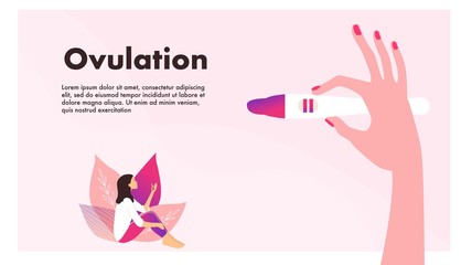 Planning of pregnancy. Pregnant woman. Hand holding ovulation or pregnancy test vector illustration. Female reproductive, fertility or hormone health concept. Template for banner, website, ad