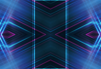 Dark abstract futuristic background. Neon lines glow. Neon lines, shapes. Pink-blue glow. Empty Stage Background