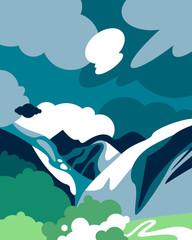 Mountain summer landscape from the foot, slopes, glaciers and snow cap. Forests and trees. Banner for tourism, ecology, preservation of the environment. Vector illustration.