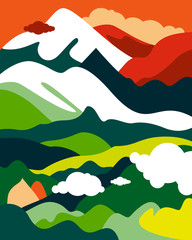 Asian landscape with mountain peaks, hills, forests and fields, cloudy sky. Vertical poster on the theme of tourism, environmental protection, ecology. Vector illustration in a flat style.