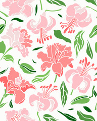 Seamless pattern with lilies. Flat style. Vector illustration with floral background.