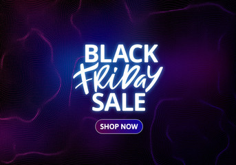 Black Friday Sale Banner Design. Hand Drawn Glowing Text on Dark Abstract Background. Vector Advertising Illustration