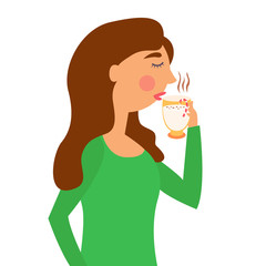 Girl drinks Christmas Eggnog. Tasty holiday drinks. Christmas party drink. Hot cocktail with cinnamon and creamy foam