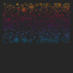 Vector pattern with kindergarten, toy children. Happy children illustration. gradient drawing on blackboard.