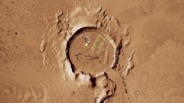 Aerial satellite view of fictional spaceport settlement on planet Mars crater. Contains public domain image by Nasa