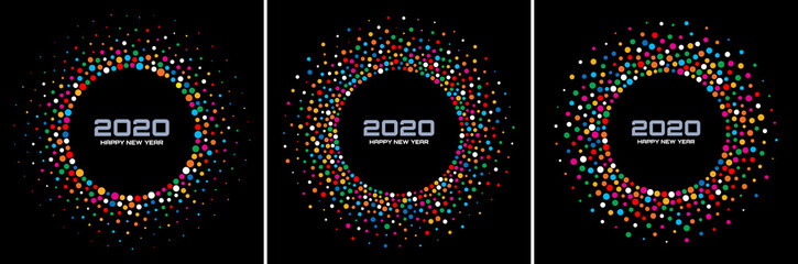 New Year 2020 night background party set. Greeting cards. Rainbow glitter paper confetti. Glistening festive rainbow lights. Glowing circle frame happy new year wishes. Christmas collection. Vector