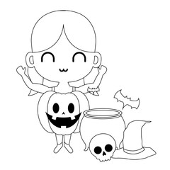 girl disguised as a pumpkin with icons halloween