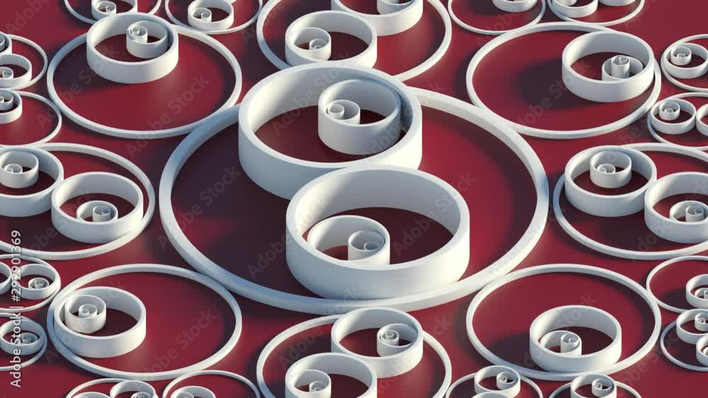 Poster red 3d render background with circles that form ornament pattern. simple shapes with bright lighting