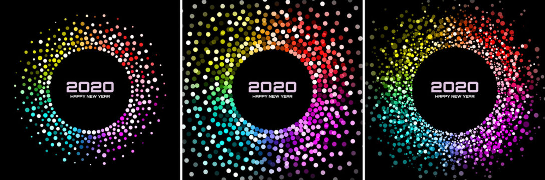 New Year 2020 night background party set. Greeting cards. Rainbow glitter paper confetti. Glistening festive rainbow lights. Glowing circle frame happy new year wishes. Christmas collection. Vector