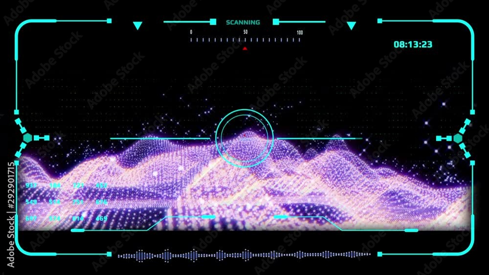 Poster HUD Screen Futuristic 4K Animation Abstract Wireframe Analysis Swirl Mountain. Glow Futuristic Geometric Hill Structure Pattern 3D Rendering Footage.