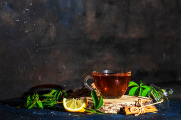 Tea ceremony, cup with a fragrant drink, surrounded by plant decorations against a dark background. Place for text . Concept of healthy eating.