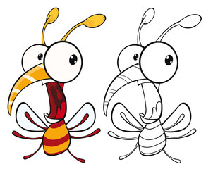 Vector Illustration of a Cute Cartoon Character Bee for you Design and Computer Game. Coloring Book Outline Set 