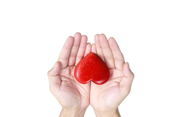 Hands holding  red heart, heart health, and donation concepts...