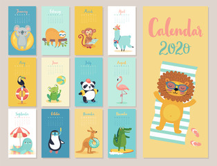 Calendar 2020. Cute monthly calendar with beach animals.