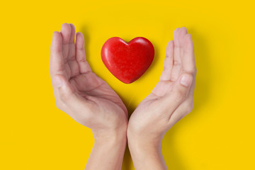 Hands holding  red heart, heart health, and donation concepts...