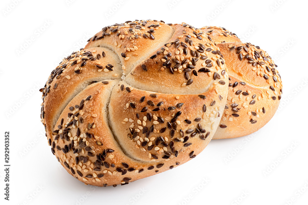 Poster two traditional white kaiser rolls with linseeds and sesame seeds isolated on white.