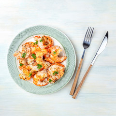 Fried shrimps, overhead square shot with a place for text