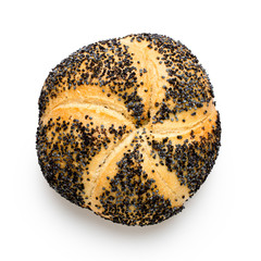 Traditional white kaiser roll with poppy seeds isolated on white. Top view.