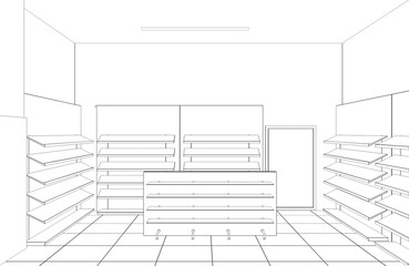 shopping mall, contour visualization, 3D illustration, sketch, outline