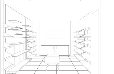 shopping mall, contour visualization, 3D illustration, sketch, outline