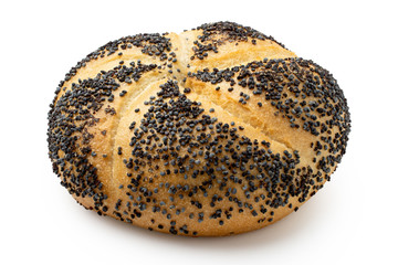 Traditional white kaiser roll with poppy seeds isolated on white.