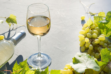 Bottle of white wine with wineglass, ripe grape on concrete grey table.