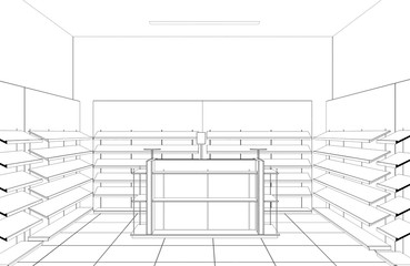 shopping mall, contour visualization, 3D illustration, sketch, outline