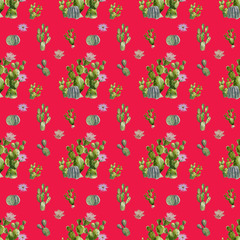 Seamless watercolor cactus  on red  background.