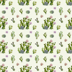 Seamless watercolor cactus  on pastel background.