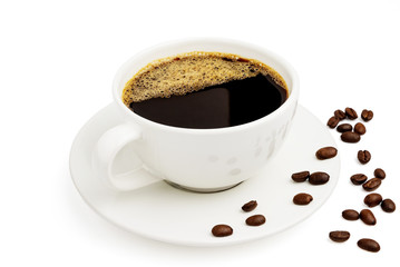 Black coffee in a white cup on plate and coffee beans top view isolated on white background. With clipping path