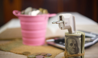 Saving money for energy concept.Plug with roll of banknote.