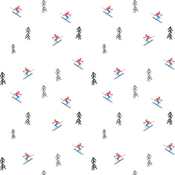 Winter holiday vector pattern with skiers between trees on mountain covered in snow. Seasonal christmas design.