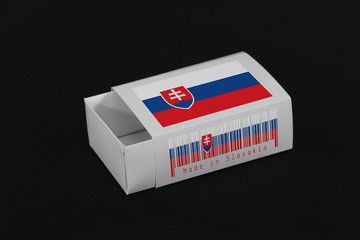 Slovakia flag on white box with barcode and the color of nation flag on black background, paper packaging for put match or products.