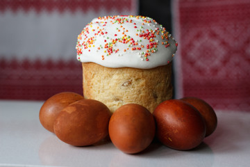 Easter cake and easter eggs, close up