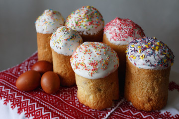 Easter cake and easter eggs, close up